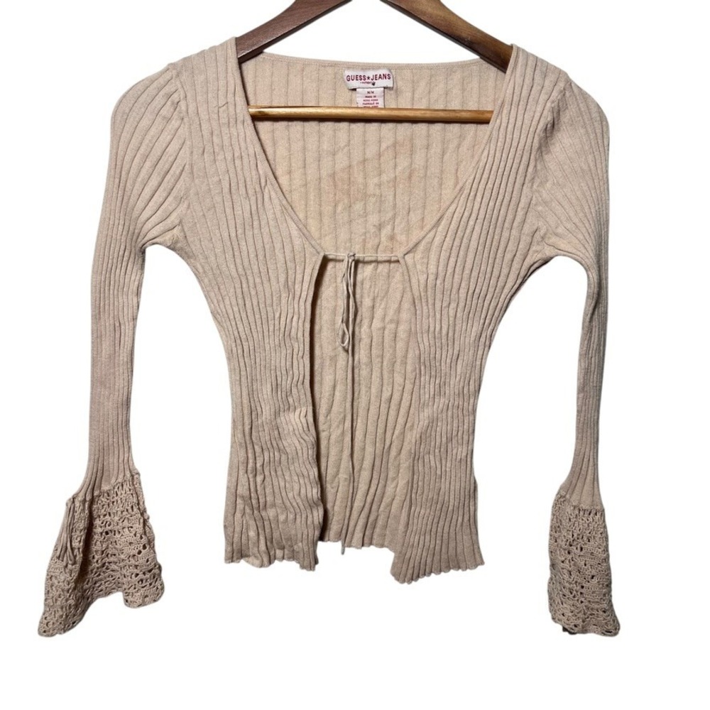 Vintage Guess Jeans Crochet Bell Sleeve M Beige Ribbed Y2K‎ Boho Fairycore Knit